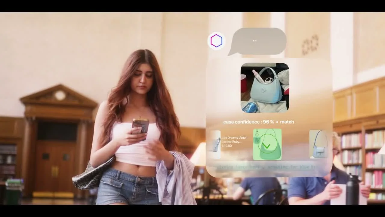 A young woman uses a mobile app while product interface graphics appear beside her in a city setting.